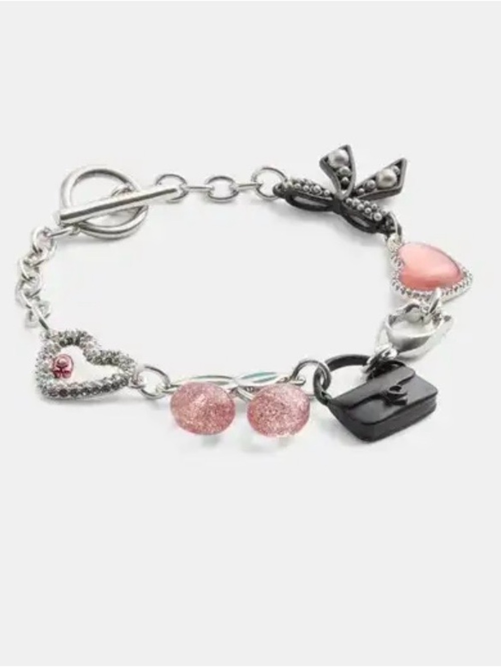 Coach Mixed Charm Line Bracelet – Silver/Pink Cherry Bow Handbag